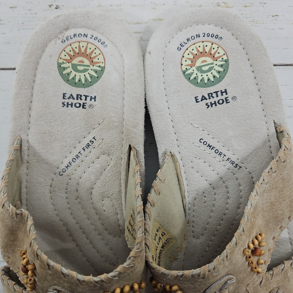 Earth Shoe Conway Slide Sandals Womens 10.5 Tan Suede Beaded Whipstitch Boho - Picture 6 of 11